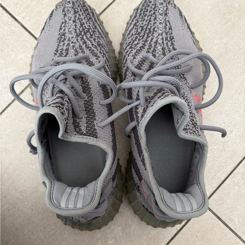 Authentic Yeezys, Men’s Gray and Black Sneakers with Red Accents - Picture 2 of 6